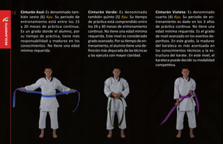 12   Cinturón Azul: Es denominado tam-   Cinturón Verde: Es denominado           Cinturón Violeta: Es denominado
                  bién sexto (6) Kyu. Su periodo de   también quinto (5) Kyu. Su tiempo       cuarto (4) Kyu. Su periodo de en-
                  entrenamiento está entre los 15     de práctica está comprendido entre      trenamiento es dado en los 3 años
reglamento




                  y 20 meses de práctica continua.    los 24 y 30 meses de entrenamiento      de práctica continua. No tiene una
                  Es un grado donde el alumno, por    continuo. No tiene una edad mínima      edad mínima requerida. Es el grado
                  su tiempo de práctica, tiene más    requerida. Este nivel es considerado    de nivel avanzado en los eventos de-
                  responsabilidad y madurez en los    grado avanzado. Por su tiempo de en-    portivos. En este grado, la madurez
                  conocimientos. No tiene una edad    trenamiento, el alumno tiene una de-    del karateca es más acentuada en
                  mínima requerida.                   finición más depurada de las técnicas   los conocimientos técnicos y la es-
                                                      y las ejecuta con mayor claridad.       tructura del karate. En este nivel, el
                                                                                              karateca puede decidir su modalidad
                                                                                              competitiva.
 