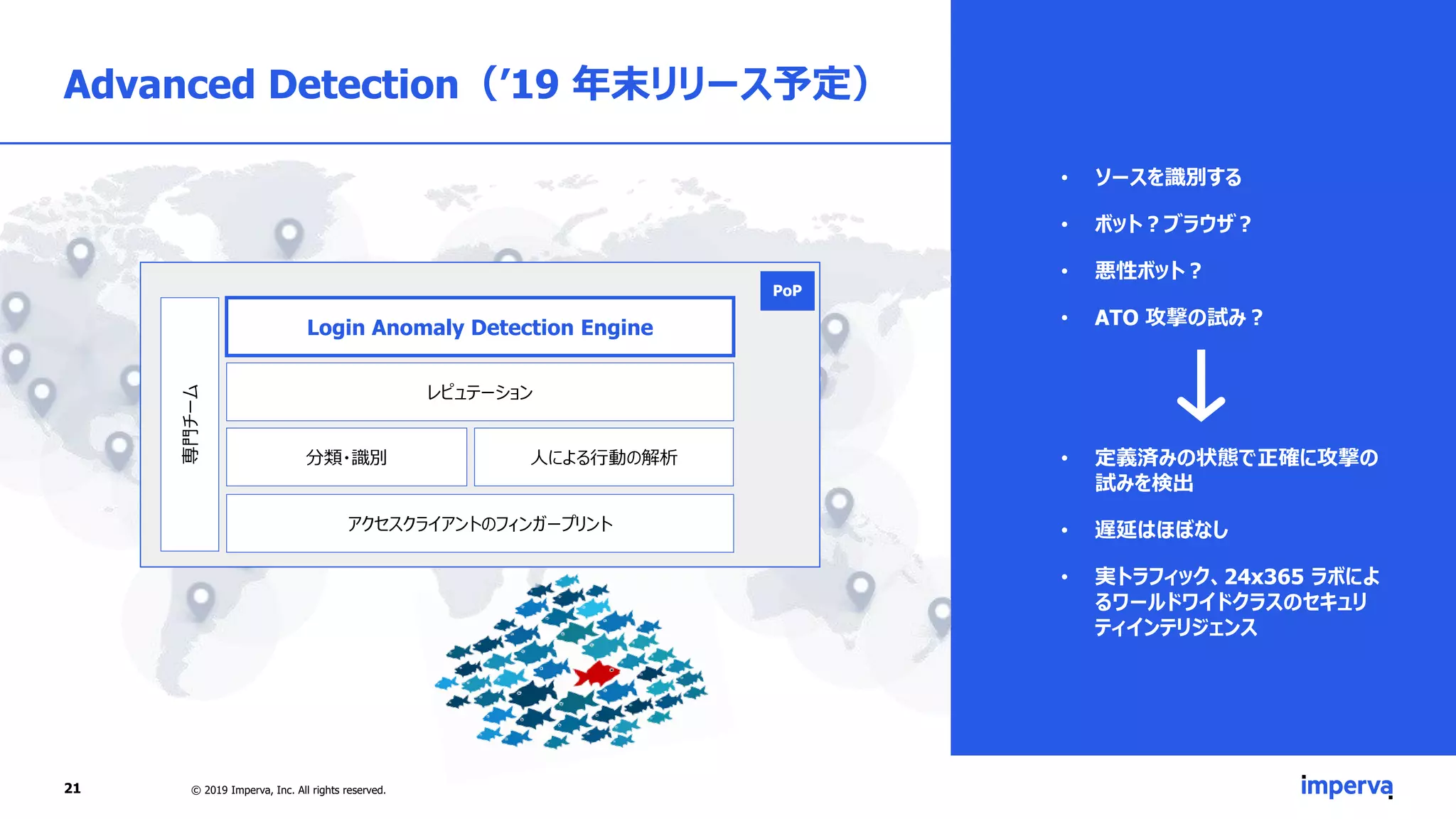 Advanced Detection（’19 年末リリース予定）
• ソースを識別する
• ボット？ブラウザ？
• 悪性ボット？
• ATO 攻撃の試み？
• 定義済みの状態で正確に攻撃の
試みを検出
• 遅延はほぼなし
• 実トラフィック、24x365 ラボによ
るワールドワイドクラスのセキュリ
ティインテリジェンス
21 © 2019 Imperva, Inc. All rights reserved.
POP
アクセスクライアントのフィンガープリント
レピュテーション
Login Anomaly Detection Engine
専門チーム
分類・識別 人による行動の解析
PoP
 