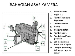 BAHAGIAN ASAS KAMERA
                1.  Penutup lensa
                2.  Layar LCD
                3.  Tombol pembuka
                    layar LCD
                4. Tombol volume
                5. Bateri
                6. Pengunci bateri
                7. Tombol power
                8. Tombol start/stop
                    perakam
                9. Jek memasukan
                    listrik dari adaptor
                10. Tempat memasang
                    tali handy camera
                    Lensa
 