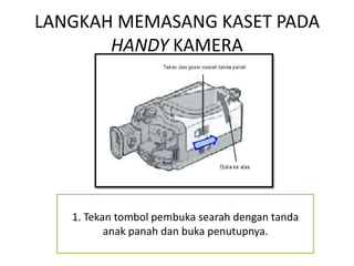 LANGKAH MEMASANG KASET PADA
       HANDY KAMERA




   1. Tekan tombol pembuka searah dengan tanda
          anak panah dan buka penutupnya.
 