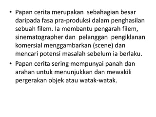 • Papan cerita merupakan sebahagian besar
  daripada fasa pra-produksi dalam penghasilan
  sebuah filem. Ia membantu pengarah filem,
  sinematographer dan pelanggan pengiklanan
  komersial menggambarkan (scene) dan
  mencari potensi masalah sebelum ia berlaku.
• Papan cerita sering mempunyai panah dan
  arahan untuk menunjukkan dan mewakili
  pergerakan objek atau watak-watak.
 