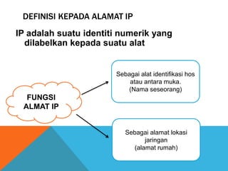 DEFINISI KEPADA ALAMAT IP 
IP adalah suatu identiti numerik yang 
dilabelkan kepada suatu alat 
FUNGSI 
ALMAT IP 
Sebagai alat identifikasi hos 
atau antara muka. 
(Nama seseorang) 
Sebagai alamat lokasi 
jaringan 
(alamat rumah) 
 