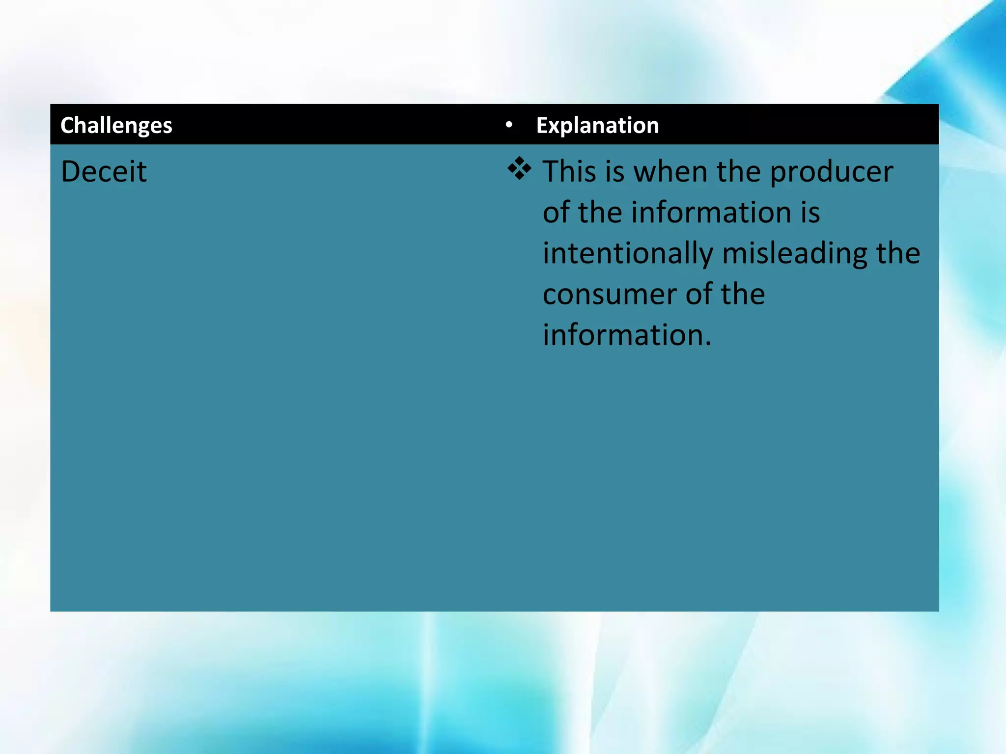 Challenges

• Explanation

Deceit

 This is when the producer
of the information is
intentionally misleading the
consumer of the
information.

 