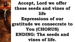 Accept, Lord we offer
these seeds and vines of
life
Expressions of our
gratitude we consecrate to
You (CHORUS)
ENDING: The seeds and
vines of life.
 