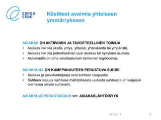 Käsitteet avaimia yhteiseen
ymmärrykseen
ASIAKAS ON AKTIIVINEN JA TAVOITTEELLINEN TOIMIJA
• Asiakas voi olla yksilö, yritys, yhteisö, yhteiskunta tai ympäristö.
• Asiakas voi olla potentiaalinen uusi asiakas tai nykyinen asiakas.
• Asiakkaalla on oma ainutlaatuinen toiminnan logiikkansa.
ASIAKKUUS ON KUMPPANUUTEEN PERUSTUVA SUHDE
• Asiakas ja palveluntarjoaja ovat suhteen osapuolia.
• Suhteen laajuus vaihtelee mahdollisesta uudesta suhteesta eri laajuisiin
olemassa oleviin suhteisiin.
ASIAKKUUSPERUSTAISUUS =/= ASIAKASLÄHTÖISYYS
31.8.2017 10
 