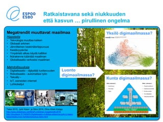 Megatrendit muuttavat maailmaa
Haasteita
• Teknologia muuttaa kaiken
• Globaali arkinen
• Jännitteinen keskinäisriippuvuus
• Kestävyyskriisi
• Ympäristö alkaa käydä kalliiksi
• Ikärakenne kääntää maailman
• Globalisaatio verkostoi maailman
Mahdollisuuksia
• Digitalisaatio - räjäyttää tuottavuuden
• Robotisaatio - automatisoi työn
• Tekoäly -
• IoT, esineiden internet
• Lohkoketjut
Tieke 2015, Jyrki Kasvi ja Sitra 2016, Elina Kiiski Kataja
http://www.slideshare.net/SitraFund/sitran-megatrendit-2016
http://docplayer.fi/1340423-Digitalisaatio-mullistaa-arkemme-jyrki-j-j-kasvi-
tietoyhteiskunnan-kehittamiskeskus-tieke.html
Ratkaistavana sekä niukkuuden
että kasvun … pirullinen ongelma
Kunta digimaailmassa?
Luonto
digimaailmassa?
Yksilö digimaailmassa?
 