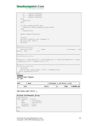 '1' : Gapok:=1000000;
'2' : Gapok:=1500000;
'3' : Gapok:=2000000;
Else
Gapok:=0;
End;
if Data.Jamkerja>200 then
Insentif:=(Data.Jamkerja-200)*10000
else
Insentif:=0;
Gaber:=Gapok+Insentif;
Clrscr;
Writeln('Laporan Gaji Pegawai');
Writeln('PT. XYZ');
Writeln;
Writeln('=============================================================
===============');
Writeln('|NIP
| Nama
| Golongan | Jam
Kerja | Gaji
|');
Writeln('=============================================================
===============');
Writeln('|',Data.NIP:10,'|',Data.Nama:25,'|',Data.Golongan:10,'|',Data
.Jamkerja:11:0,'|',Gaber:14:2,'|');
Writeln('=============================================================
===============');
Writeln;
Write('Mau Ulang Lagi? [Y/T]: ');Readln(Ul);
Until Upcase(Ul)<>'Y';
End.

Output:

Program DataPegawai_Array;
Uses Wincrt;
Type Pegawai = record
NIP
: String[9];
Nama
: String[30];
Golongan : Char;
Jamkerja : Real;
End;
Var

Komunitas eLearning IlmuKomputer.Com
Copyright © 2003-2008 IlmuKomputer.Com

15

 
