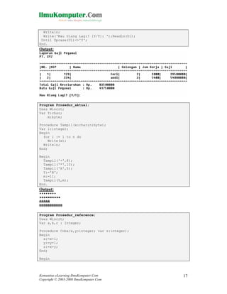 Writeln;
Write('Mau Ulang Lagi? [Y/T]: ');Readln(Ul);
Until Upcase(Ul)<>'Y';
End.

Output:

Program Prosedur_aktual;
Uses Wincrt;
Var Y:char;
m:byte;
Procedure Tampil(x:char;n:byte);
Var i:integer;
Begin
for i := 1 to n do
Write(x);
Writeln;
End;
Begin
Tampil('+',8);
Tampil('*',10);
Tampil('A',5);
Y:='B';
m:=11;
Tampil(Y,m);
End.

Output:

Program Prosedur_reference;
Uses Wincrt;
Var a,b,c : Integer;
Procedure Coba(x,y:integer; var z:integer);
Begin
x:=x+1;
y:=y+1;
z:=x+y;
End;
Begin

Komunitas eLearning IlmuKomputer.Com
Copyright © 2003-2008 IlmuKomputer.Com

17

 