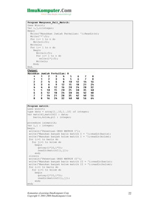 Program Menyusun_Kali_Matrik;
Uses Wincrt;
Var i,j,n:integer;
Begin
Write('Masukkan Jumlah Perkalian: ');Readln(n);
Write('*':5);
For i:= 1 to n do
Write(i:5);
Writeln;
For i:= 1 to n do
Begin
Write(i:5);
For j:= 1 to n do
write(i*j:5);
Writeln;
End;
End.

Output:

Program matrik;
uses wincrt;
type data = array[1..10,1..10] of integer;
var matrikI,matrikII : data;
baris,kolom,pil : integer;
procedure isimatrik;
var i,j : integer;
begin
writeln('Penentuan ORDO MATRIK I');
write('Masukan banyak baris matrik I = ');readln(baris);
write('Masukan banyak kolom matrik I = ');readln(kolom);
for i:=1 to baris do
for j:=1 to kolom do
begin
gotoxy(j*10,i*5);
readln(matrikI[i,j]);
end;
clrscr;
writeln('Penentuan ORDO MATRIK II');
write('Masukan banyak baris matrik II = ');readln(baris);
write('Masukan banyak kolom matrik II = ');readln(kolom);
for i:=1 to baris do
for j:=1 to kolom do
begin
gotoxy(j*10,i*5);
readln(matrikII[i,j]);
end;
end;

Komunitas eLearning IlmuKomputer.Com
Copyright © 2003-2008 IlmuKomputer.Com

22

 