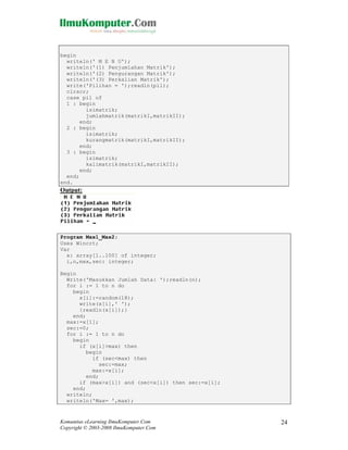 begin
writeln(' M E N U');
writeln('(1) Penjumlahan Matrik');
writeln('(2) Pengurangan Matrik');
writeln('(3) Perkalian Matrik');
write('Pilihan = ');readln(pil);
clrscr;
case pil of
1 : begin
isimatrik;
jumlahmatrik(matrikI,matrikII);
end;
2 : begin
isimatrik;
kurangmatrik(matrikI,matrikII);
end;
3 : begin
isimatrik;
kalimatrik(matrikI,matrikII);
end;
end;
end.

Output:

Program Max1_Max2;
Uses Wincrt;
Var
x: array[1..100] of integer;
i,n,max,sec: integer;
Begin
Write('Masukkan Jumlah Data: ');readln(n);
for i := 1 to n do
begin
x[i]:=random(18);
write(x[i],' ');
{readln(x[i]);}
end;
max:=x[1];
sec:=0;
for i := 1 to n do
begin
if (x[i]>max) then
begin
if (sec<max) then
sec:=max;
max:=x[i];
end;
if (max>x[i]) and (sec<x[i]) then sec:=x[i];
end;
writeln;
writeln('Max= ',max);

Komunitas eLearning IlmuKomputer.Com
Copyright © 2003-2008 IlmuKomputer.Com

24

 