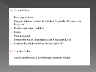  C: Kurikulum
i. Jenis peperiksaan
ii. Program sekolah, Jabatan Pendidikan Negeri dan Kementerian
Pelajaran
iii. Kertas kerja kajian tindakan
iv. Panitia
v. Mata pelajaran
vi. Pentaksiran Ujian Lisan Berasaskan Sekolah (ULBS)
vii. Standard Kualiti Pendidikan Malaysia (SKPM)
 D: Kokurikulum
Aspek keselamatan & perlindungan guru dan pelajar
 