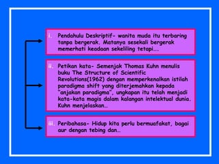 i. Pendahulu Deskriptif- wanita muda itu terbaring
tanpa bergerak. Matanya sesekali bergerak
memerhati keadaan sekeliling tetapi….
iii. Peribahasa- Hidup kita perlu bermuafakat, bagai
aur dengan tebing dan…
ii. Petikan kata- Semenjak Thomas Kuhn menulis
buku The Structure of Scientific
Revolutions(1962) dengan memperkenalkan istilah
paradigma shift yang diterjemahkan kepada
“anjakan paradigma”, ungkapan itu telah menjadi
kata-kata magis dalam kalangan intelektual dunia.
Kuhn menjelaskan…
 