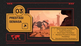 03
• Akses kepada Pendidikan
• Kualiti Pendidikan
• Ekuiti Dalam Pendidikan
• Membina Perpaduan Melalui
Pendidikan
• Memaksimumkan Kecekapan
PRESTASI
SEMASA
 