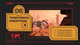 06
• Sistem penyampaian
• Produktiviti sumber
• Infrastruktur sekolah
• ICT dalam pendidikan
TRANSFORMASI
KEMENTERIAN
 