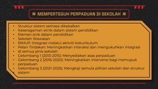 MEMPERTEGUH PERPADUAN DI SEKOLAH
• Struktur sistem semasa dikekalkan
• Keseragaman etnik dalam sistem pendidikan
• Elemen sivik dalam pendidikan
• Sekolah Wawasan
• RIMUP: Integrasi melalui aktiviti kokurikulum
• Pelan Tindakan: Meningkatkan interaksi dan mengukuhkan integrasi
• di semua jenis sekolah
• Gelombang 1 (2013-2015): Menyediakan asas perpaduan
• Gelombang 2 (2016-2020): Meningkatkan intervensi bagi memupuk
• perpaduan
• Gelombang 3 (2021-2025): Mengkaji semula pilihan sekolah dan struktur
• sistem
 