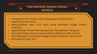 PENYAMPAIAN DENGAN KAEDAH
BERBEZA
• Mengukuhkan iltizam dan keupayaan kepimpinan
• dalam Kementerian
• Mewujudkan satu unit kecil yang berdaya tinggi untuk
memacu
• pelaksanaan Pelan Pembangunan Pendidikan Malaysia
• Memperhebat pengurusan prestasi dalaman dan luaran
• Mendapatkan sokongan pegawai Kementerian dan pihak
• berkepentingan lain
 