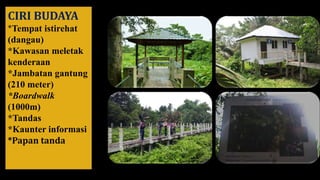 CIRI BUDAYA
*Tempat istirehat
(dangau)
*Kawasan meletak
kenderaan
*Jambatan gantung
(210 meter)
*Boardwalk
(1000m)
*Tandas
*Kaunter informasi
*Papan tanda
 