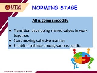 NORMING STAGE
All is going smoothly
● Transition developing shared values in work
together.
● Start moving cohesive manner
● Establish balance among various conflic
 