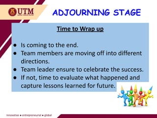 ADJOURNING STAGE
Time to Wrap up
● Is coming to the end.
● Team members are moving off into different
directions.
● Team leader ensure to celebrate the success.
● If not, time to evaluate what happened and
capture lessons learned for future.
 