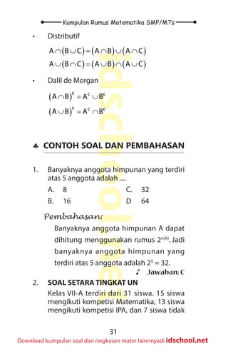31
Kumpulan Rumus Matematika SMP/MTs
idschool.net
Download kumpulan soal dan ringkasan mater lainnnyadi idschool.net
• Distributif
( ) ( ) ( )
( ) ( ) ( )
A B C A B A C
A B C A B A C
∩ ∪ = ∩ ∪ ∩
∪ ∩ = ∪ ∩ ∪
• Dalil de Morgan
( )
( )
c c c
c c c
A B A B
A B A B
∩ = ∪
∪ = ∩
♣
♣ CONTOH SOAL DAN PEMBAHASAN
1. Banyaknya anggota himpunan yang terdiri
atas 5 anggota adalah ....
A. 8
B. 16
C. 32
D 64
Pembahasan:
Banyaknya anggota himpunan A dapat
dihitung menggunakan rumus 2n(A)
. Jadi
banyaknya anggota himpunan yang
terdiri atas 5 anggota adalah 25
= 32.
♪
♪ Jawaban: C
2. SOAL SETARA TINGKAT UN
Kelas VII-A terdiri dari 31 siswa. 15 siswa
mengikuti kompetisi Matematika, 13 siswa
mengikuti kompetisi IPA, dan 7 siswa tidak
 