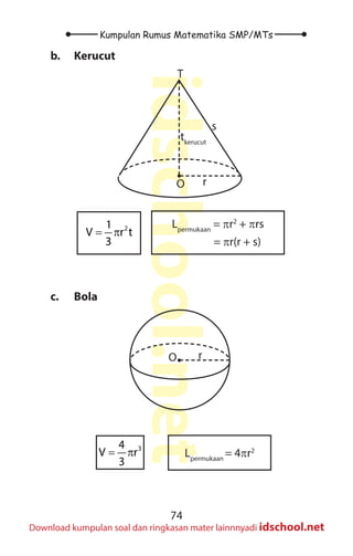 74
Kumpulan Rumus Matematika SMP/MTs
idschool.net
Download kumpulan soal dan ringkasan mater lainnnyadi idschool.net
b. Kerucut
T
tkerucut
r
s
O
2
1
V r t
3
= π
Lpermukaan
= πr2
+ πrs
= πr(r + s)
c. Bola
O r
Lpermukaan
= 4πr2
3
4
V r
3
= π
 