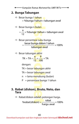 80
Kumpulan Rumus Matematika SMP/MTs
idschool.net
Download kumpulan soal dan ringkasan mater lainnnyadi idschool.net
2. Bunga Tabungan
Ö
Ö Besar bunga 1 tahun
= ×
%bunga1tahun tabungan awal
Ö
Ö Besar bunga n bulan
=
× ×
n
%bunga1tahun tabungan awal
12
Ö
Ö Besar persentase suku bunga
×
besar bunga dalam1tahun
100%
tabungan awal
Ö
Ö Besar tabungan akhir
= + × ×
n P
TK TA TA
12 100
dengan:
TK = besar tabungan akhir
TA = besar tabungan awal
n = lama menabung (bulan)
P = persentase bunga 1 tahun
3. Rabat (diskon), Bruto, Neto, dan
Tara
Ö
Ö Rabat/diskon adalah potongan harga.
= ×
rabat
%rabat(diskon) 100%
harga awal
 