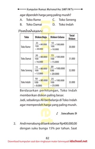82
Kumpulan Rumus Matematika SMP/MTs
idschool.net
Download kumpulan soal dan ringkasan mater lainnnyadi idschool.net
agar diperoleh harga yang paling murah?
A. Toko Rame
B. Toko Damai
C. Toko Seneng
D. Toko Indah
Pembahasan:
Toko Diskon Baju Diskon Celana
Total
Diskon
Toko Rame
25
80.000
100
20.000
×
=
10
100.000
100
10.000
×
=
30.000
Toko Damai
20
80.000
100
16.000
×
=
15
100.000
100
15.000
×
=
31.000
Toko Seneng
15
80.000
100
12.000
×
=
20
100.000
100
20.000
×
=
32.000
Toko Indah
10
80.000
100
8.000
×
=
25
100.000
100
25.000
×
=
33.000
Berdasarkan perhitungan, Toko Indah
memberikan diskon paling besar.
Jadi, sebaiknya Ali berbelanja diToko Indah
agar memperoleh harga yang paling murah.
♪
♪ Jawaban: D
2. AndimenabungdibanksebesarRp400.000,00
dengan suku bunga 15% per tahun. Saat
 