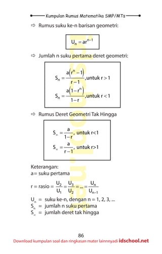 86
Kumpulan Rumus Matematika SMP/MTs
idschool.net
Download kumpulan soal dan ringkasan mater lainnnyadi idschool.net
Ö
Ö Rumus suku ke-n barisan geometri:
−
= n 1
n
U ar
Ö
Ö Jumlah n suku pertama deret geometri:
( )
( )
−
= >
−
−
= <
−
n
n
n
n
a r 1
S ,untuk r 1
r 1
a 1 r
S ,untuk r 1
1 r
Ö
Ö Rumus Deret Geometri Tak Hingga
a
S , untuk r<1
1 r
a
S , untuk r>1
r 1
∞
∞
=
−
=
−
Keterangan:
a= suku pertama
r = rasio =
−
= = =
3
2 n
1 2 n 1
U
U U
...
U U U
Un
= suku ke-n, dengan n = 1, 2, 3, ...
Sn
= jumlah n suku pertama
S∞
= jumlah deret tak hingga
 