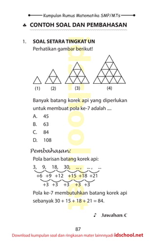 87
Kumpulan Rumus Matematika SMP/MTs
idschool.net
Download kumpulan soal dan ringkasan mater lainnnyadi idschool.net
♣
♣ CONTOH SOAL DAN PEMBAHASAN
1. SOAL SETARA TINGKAT UN
Perhatikan gambar berikut!
(1) (2) (3) (4)
Banyak batang korek api yang diperlukan
untuk membuat pola ke-7 adalah ....
A. 45
B. 63
C. 84
D. 108
Pembahasan:
Pola barisan batang korek api:
+6 +9 +12 +15 +18 +21
+3 +3 +3 +3 +3
3, 9, 18, 30, ... , ... , ...
Pola ke-7 membutuhkan batang korek api
sebanyak 30 + 15 + 18 + 21 = 84.
♪
♪ Jawaban: C
 