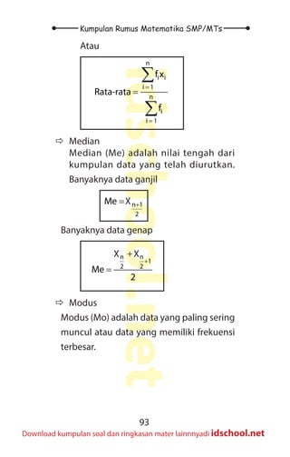 93
Kumpulan Rumus Matematika SMP/MTs
idschool.net
Download kumpulan soal dan ringkasan mater lainnnyadi idschool.net
Atau
=
=
=
∑
∑
n
i i
i 1
n
i
i 1
f x
Rata-rata
f
Ö
Ö Median
		 Median (Me) adalah nilai tengah dari
kumpulan data yang telah diurutkan.
Banyaknya data ganjil
		
n 1
2
Me x +
=X
Banyaknya data genap
n n
1
2 2
x x
Me
2
+
+
=
X X
Ö
Ö Modus
Modus (Mo) adalah data yang paling sering
muncul atau data yang memiliki frekuensi
terbesar.
 
