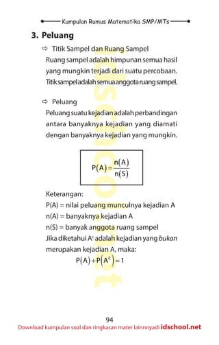 94
Kumpulan Rumus Matematika SMP/MTs
idschool.net
Download kumpulan soal dan ringkasan mater lainnnyadi idschool.net
3. Peluang
Ö
Ö Titik Sampel dan Ruang Sampel
Ruangsampeladalahhimpunansemuahasil
yang mungkin terjadi dari suatu percobaan.
Titiksampeladalahsemuaanggotaruangsampel.
Ö
Ö Peluang
Peluangsuatukejadianadalahperbandingan
antara banyaknya kejadian yang diamati
dengan banyaknya kejadian yang mungkin.
( )
( )
( )
n A
P A
n S
=
Keterangan:
P(A) = nilai peluang munculnya kejadian A
n(A) = banyaknya kejadian A
n(S) = banyak anggota ruang sampel
JikadiketahuiAc
adalahkejadianyang bukan
merupakan kejadian A, maka:
			
( ) ( )
+ =
c
P A P A 1
 