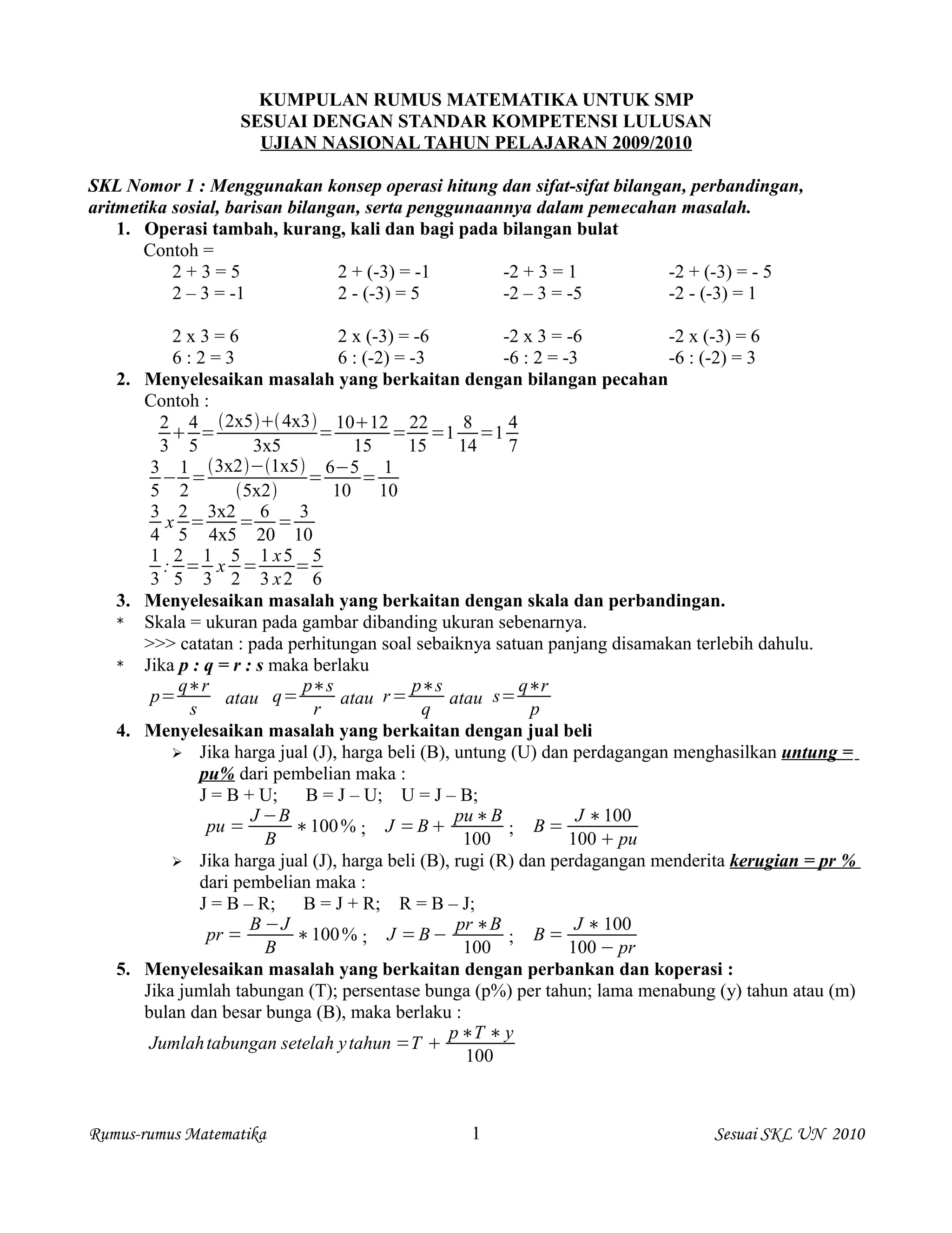 Kumpulan rumus matematika SMP sesuai kurikulum 2010 lengkap | PDF