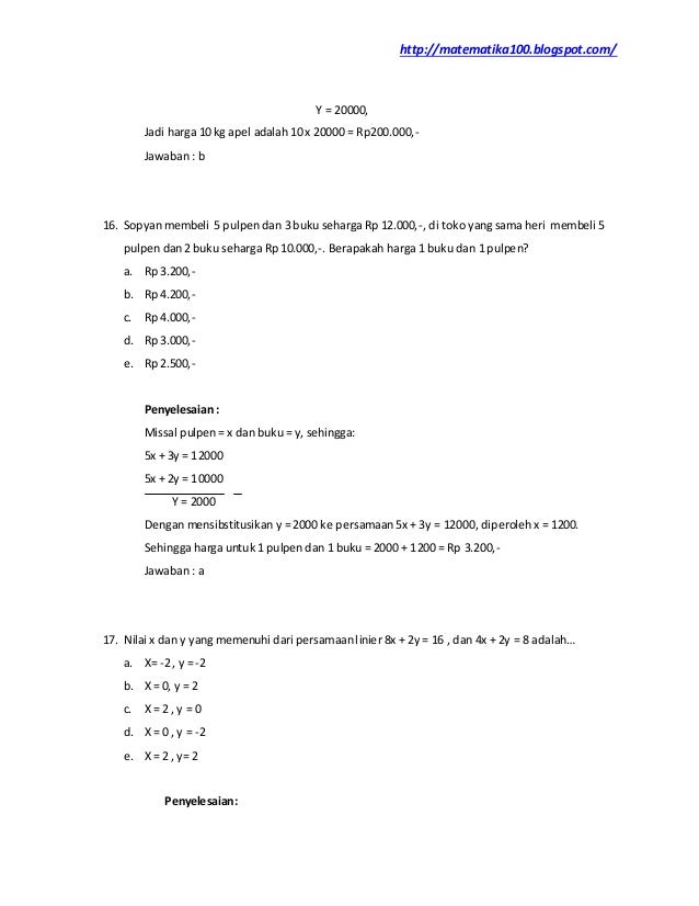 Kumpulan soal dan pembahasan sistem persamaan linier dua