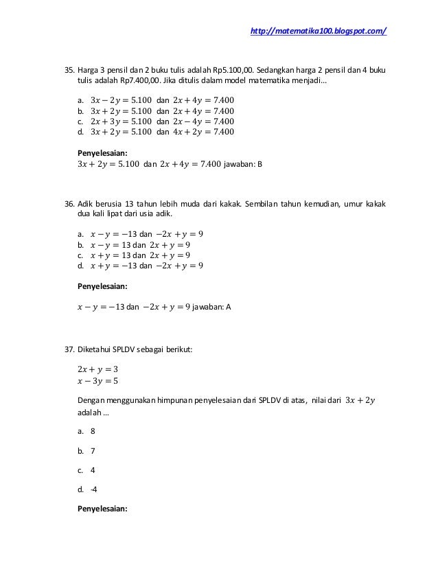 Kumpulan Soal Dan Pembahasan Sistem Persamaan Linier Dua Variabel