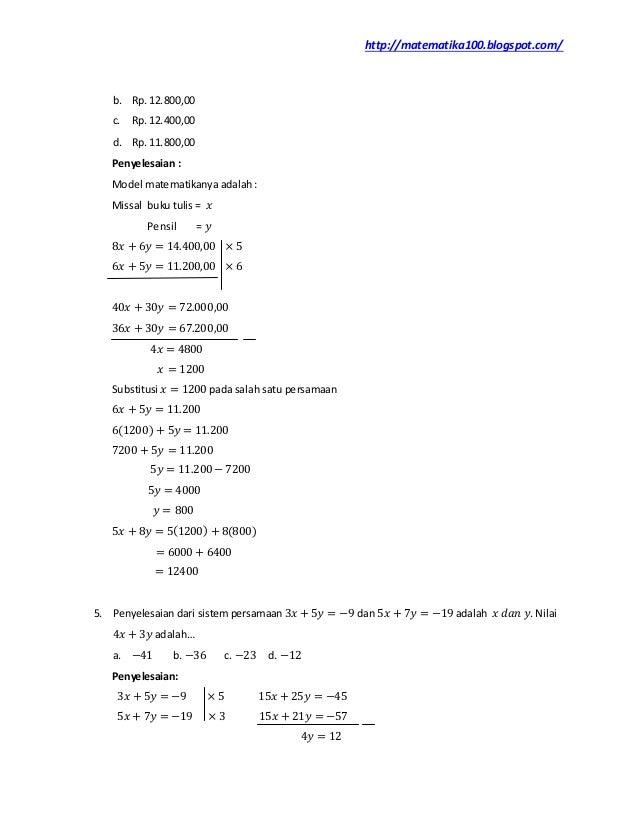 Kumpulan Soal Dan Pembahasan Sistem Persamaan Linier Dua Variabel