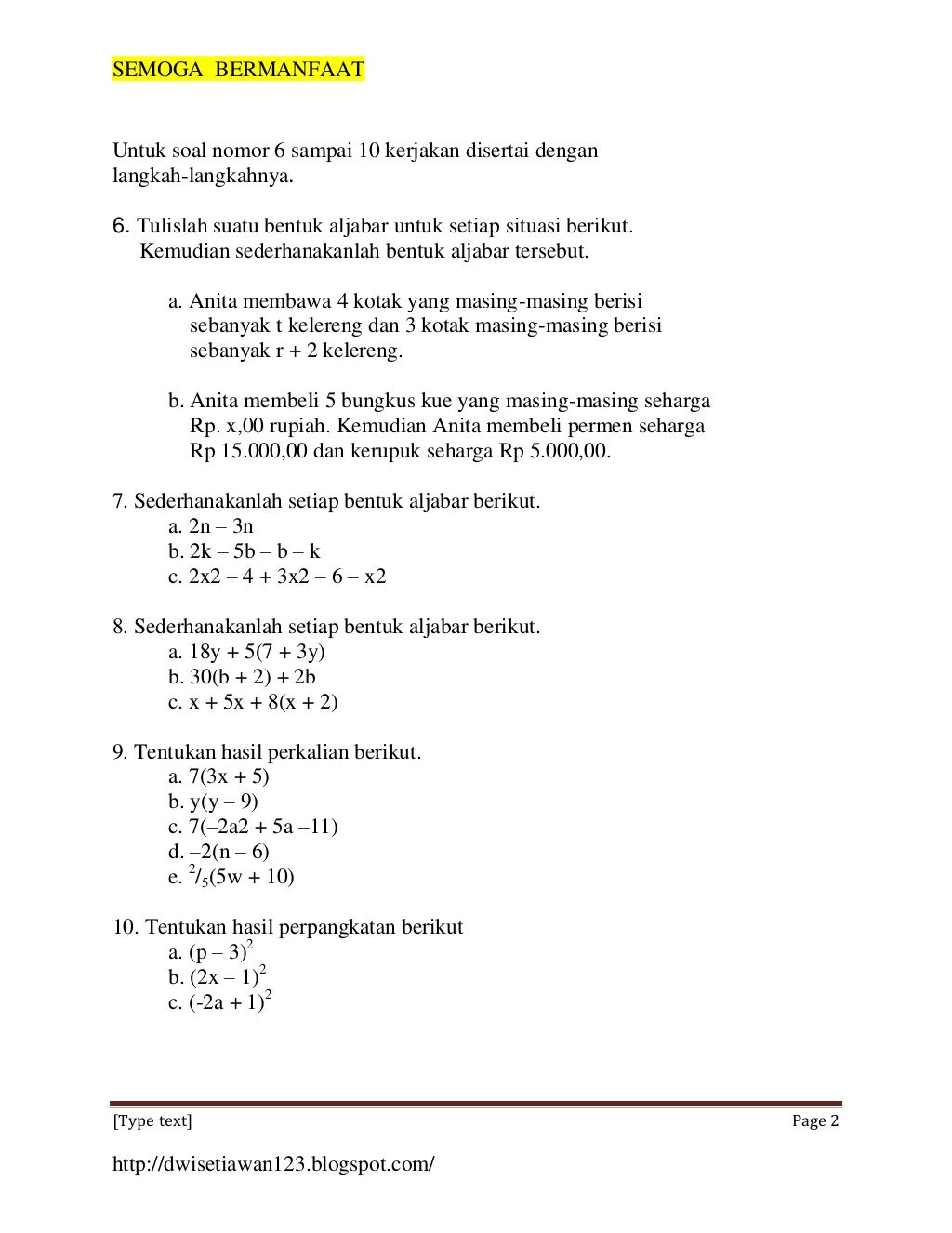 Contoh Soal Literasi Matematika Smp Kelas 7