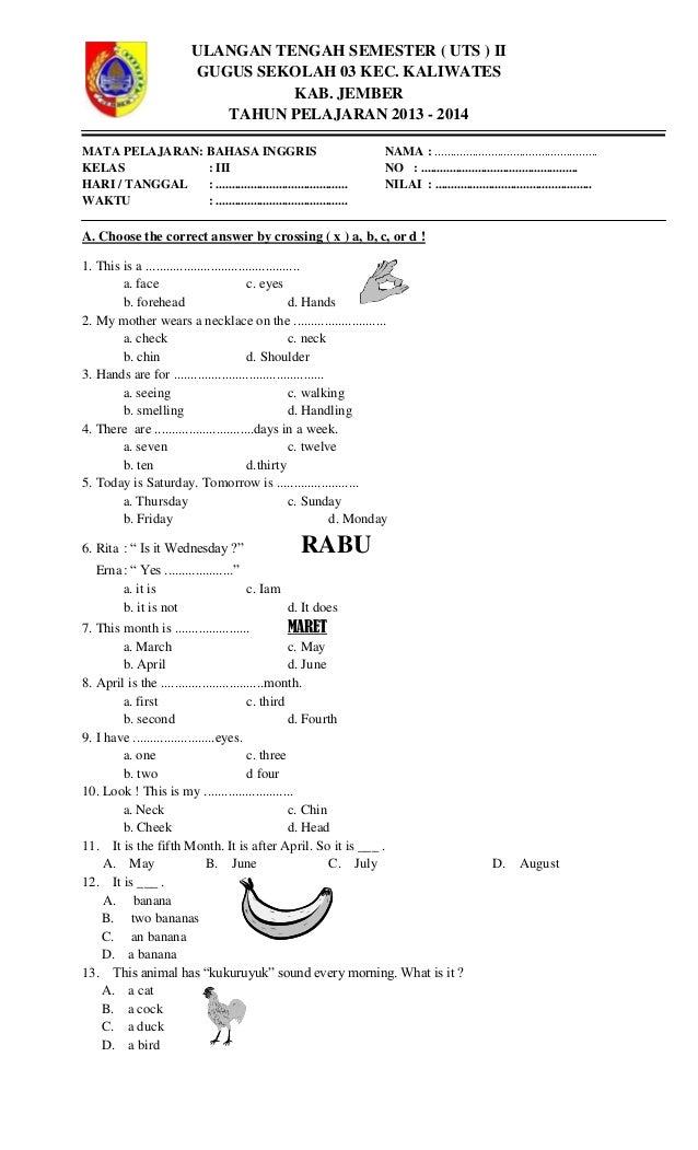 Soal Bahasa Arab Mi Kelas 3 Semester 2 Kurtilas