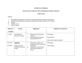 KUMPULAN TERBAIK
RANCANGAN TAHUNAN KELAB PERMAINAN BOLA BALING
TAHUN 2014
Objektif :
i.
ii.
iii.
iv.
v.

Memperkaya pengetahuan, kemahiran yang diperolehi dalam pelajaran di bilik darjah
Memperkukuh pengetahuan, kemahiran yang diperolehi dalam pelajaran di bilik darjah
Kerjaya
Khidmat sosial
Hobi & rekreasi

MINGGU/

TAJUK

OBJEKTIF

PERINCIAN AKTIVITI

TARIKH
7.1.2014

Pendaftaran &
Mesyuarat Agong

I.
II.

Melantik ahli jawatankuasa
yang baru
Merancang aktiviti tahunan
sepanjang tahun 2014

-Penerangan
-Perbincangan
-Mesyuarat mengikut peraturan

28.1.2014

Aktiviti 1

18.2.2014

Sejarah dan latar
belakang sukan bola
baling

I.

II.

Mengetahui sejarah awal
kemunculan sukan bola baling
di Malaysia
Mengetahui asas permainan
dan undang-undang bola
baling

-Penerangan
-Perbincangan

 