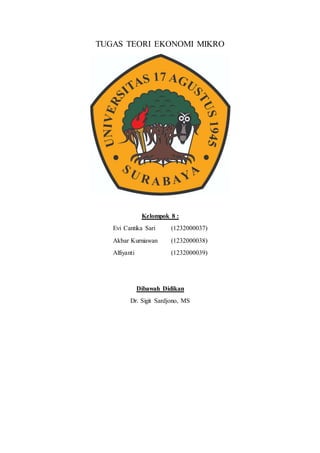 TUGAS TEORI EKONOMI MIKRO
Kelompok 8 :
Evi Cantika Sari (1232000037)
Akbar Kurniawan (1232000038)
Alfiyanti (1232000039)
Dibawah Didikan
Dr. Sigit Sardjono, MS
 