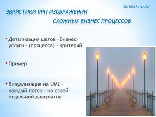 itarena.lviv.ua/ 
ЭВРИСТИКИ ПРИ ИЗОБРАЖЕНИИ 
СЛОЖНЫХ БИЗНЕС ПРОЦЕССОВ 
• Детализация шагов «Бизнес- 
услуги» (процесса) – критерий 
• Пример 
• Визуализация на UML – 
каждый поток – на своей 
отдельной диаграмме 
 