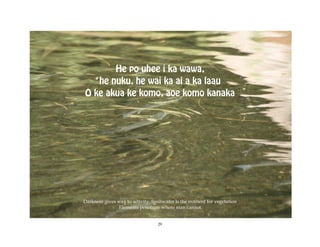 He po uhee i ka wawa,
   he nuku, he wai ka ai a ka laau
O ke akua ke komo, aoe komo kanaka




Darkness gives way to activity, freshwater is the nutrient for vegetation
               Elements penetrate where man cannot


                                   29
 