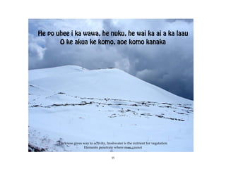 He po uhee i ka wawa, he nuku, he wai ka ai a ka laau
       O ke akua ke komo, aoe komo kanaka




       Darkness gives way to activity, freshwater is the nutrient for vegetation
                      Elements penetrate where man cannot


                                          35
 