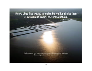 He po uhee i ka wawa, he nuku, he wai ka ai a ka laau
       O ke akua ke komo, aoe komo kanaka




       Darkness gives way to activity, freshwater is the nutrient for vegetation
                      Elements penetrate where man cannot




                                          39
 