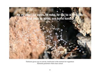 He po uhee i ka wawa, he nuku, he wai ka ai a ka laau
       O ke akua ke komo, aoe komo kanaka




       Darkness gives way to activity, freshwater is the nutrient for vegetation
                      Elements penetrate where man cannot



                                          41
 