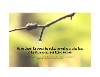 He po uhee i ka wawa, he nuku, he wai ka ai a ka laau
        O ke akua komo, aoe komo kanaka
       Darkness gives way to activity, freshwater is the nutrient for vegetation
                      Elements penetrate where man cannot




                                          49
 