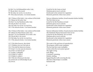 96. Kia‘i ‘ia e ka Kalamaloloa noho i uka               Cared for by the Lama on land
97. He pö uhe‘e i ka wawä                               Darkness gives way to activity
98. He nuku, he wai ka ‘ai a ka lä‘au                   Freshwater is the nutrient for vegetation
99. ‘O ke akua ke komo, ‘a‘oe komo kanaka               Elements penetrate where man cannot

100. ‘O käne iä Wai‘ololï, ‘o ka wahine iä Wai‘ololä    Narrow tributaries fertilize, broad estuaries harbor fertility
101. Hänau ka Në noho i kai                             The Në is born at sea
102. Kia‘i ‘ia e ka Neneleau noho i uka                 Cared for by the Neneleau on land
103. He pö uhe‘e i ka wawä                              Darkness gives way to activity
104. He nuku, he wai ka ‘ai a ka lä‘au                  Freshwater is the nutrient for vegetation
105. ‘O ke akua ke komo, ‘a‘oe komo kanaka              Elements penetrate where man cannot

106. ‘O käne iä Wai‘ololï, ‘o ka wahine iä Wai‘ololä    Narrow tributaries fertilize, broad estuaries harbor fertility
107. Hänau ka Hulu Waena noho i kai                     The Huluhulu Waena Seaweed is born at sea
108. Kia‘i ‘ia e ka Huluhulu ‘Ie‘ie noho i uka          Cared for by the Huluhulu ‘Ie’ie on land
109. He pö uhe‘e i ka wawä                              Darkness gives way to activity
110. He nuku, he wai ka ‘ai a ka lä‘au                  Freshwater is the nutrient for vegetation
111. ‘O ke akua ke komo, ‘a‘oe komo kanaka              Elements penetrate where man cannot

112. ‘O ke käne huawai, akua kënä                       The water is the god form of reproduction
113. ‘O kälina a ka wai i ho‘oulu ai                    The progeny which water instigates
114. ‘O ka huli ho‘okawowo honua                        The taro top that water multiplies
115. O pa‘i ‘a‘a i ke auau ka manawa                    A time when the root system spread
116. O he‘e au loloa ka pö                              The night is long
117. O piha, o pihapiha                                 Full, filling
118. O piha‘ü, o piha‘ä                                 Crammed, cramming
119. O piha‘ë, o piha‘ö                                 Stuffed, stuffing
120. ‘O ke ko‘o honua pa‘a ka lani                      Supporting the earth, securing the sky
121. O lewa ke au iä Kumulipo ka pö                     The time of Kumulipo is unstable
122. Pö nö                                              Darkness still

                                                       59
 
