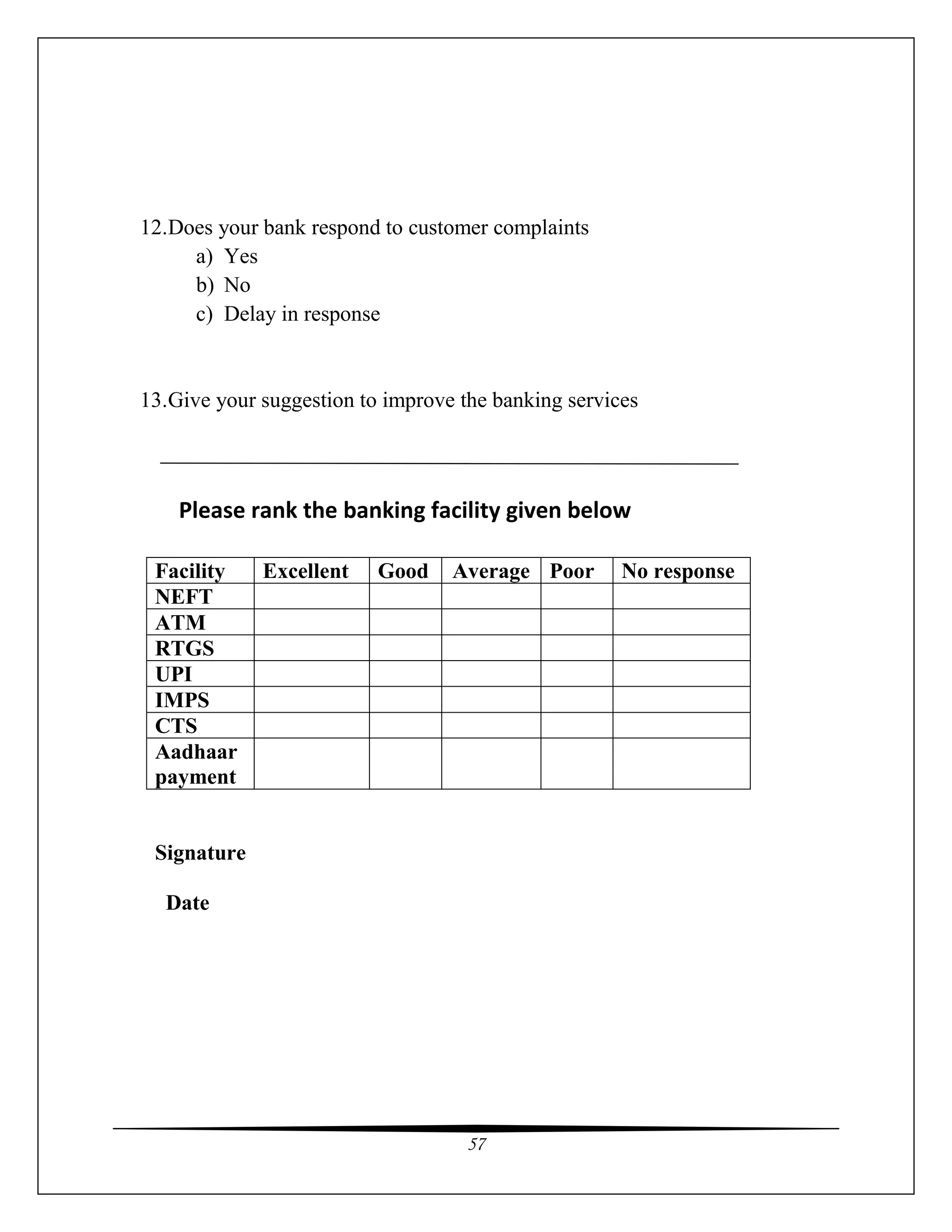 57
12.Does your bank respond to customer complaints
a) Yes
b) No
c) Delay in response
13.Give your suggestion to improve the banking services
Please rank the banking facility given below
Facility Excellent Good Average Poor No response
NEFT
ATM
RTGS
UPI
IMPS
CTS
Aadhaar
payment
Signature
Date
 