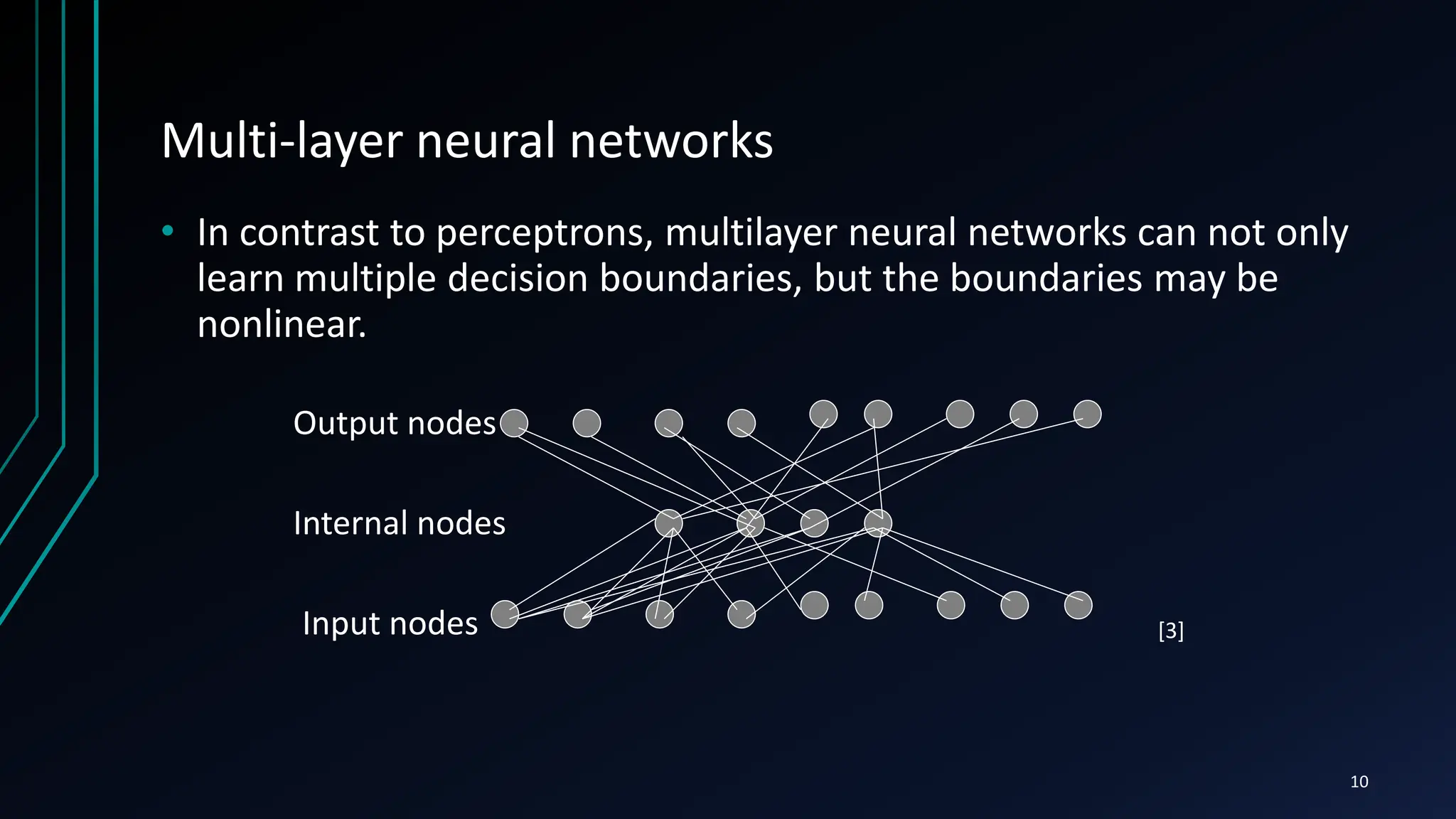 Multi-layer neural networks
• In contrast to perceptrons, multilayer neural networks can not only
learn multiple decision boundaries, but the boundaries may be
nonlinear.
Input nodes
Internal nodes
Output nodes
10
[3]
 
