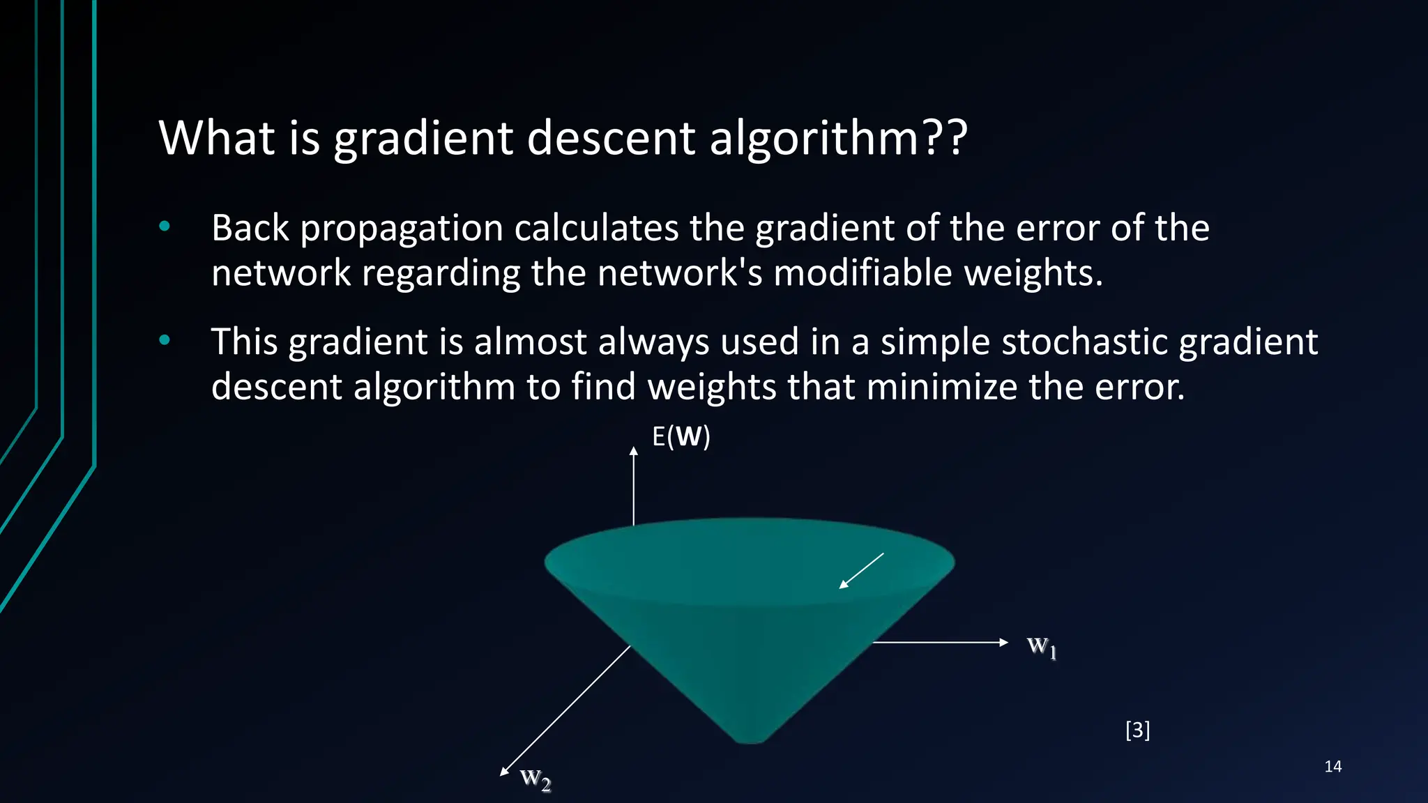 What is gradient descent algorithm??
• Back propagation calculates the gradient of the error of the
network regarding the network's modifiable weights.
• This gradient is almost always used in a simple stochastic gradient
descent algorithm to find weights that minimize the error.
w1
w2
E(W)
14
[3]
 