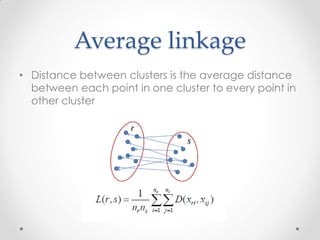 Average linkage
• Distance between clusters is the average distance
between each point in one cluster to every point in
other cluster
 